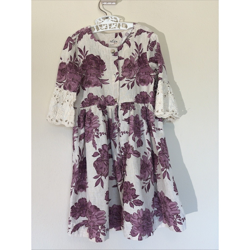 UTSA Kids Purple Floral Flower Embroidered‎ Sleeve Button Front Dress Girl 3-4Y